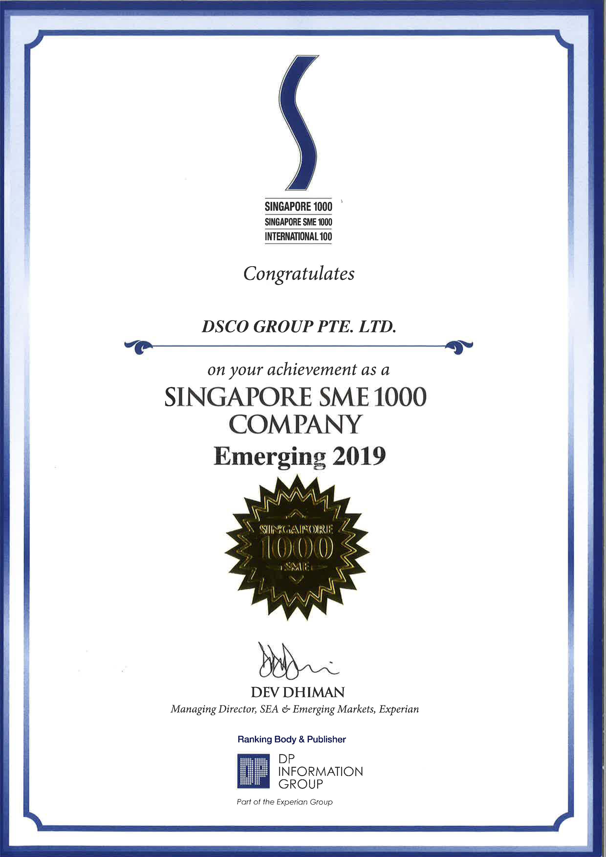 Singapore SME 1000 Company - Emerging 2019